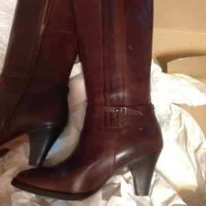 Frye brown stack heel knee boots